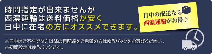 時間指定が出来ませんが西濃運輸は送料価格が安く日中に在宅の方にオススメできます。※日中はご不在で夕方以降の再配達をご希望の方はゆうパックをお選びください。※初期設定はゆうパックです。